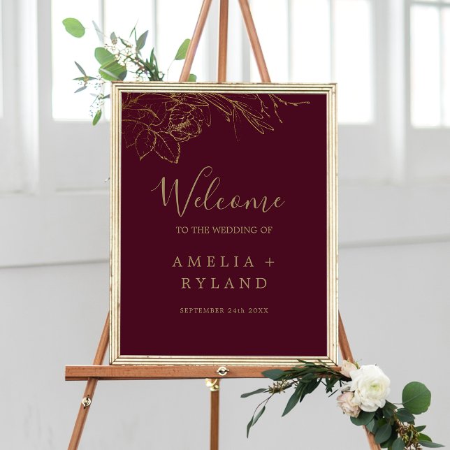 Poster Gilded Floral Burgundy Dourado Casamento Bem-Vindo (Gilded Floral Burgundy Gold Wedding Welcome Poster)