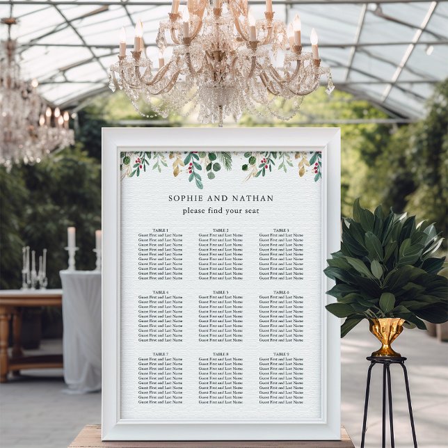 Poster Gilded Greenery White | Casamento de Natal (An elegant seating chart for your Christmas holiday wedding)