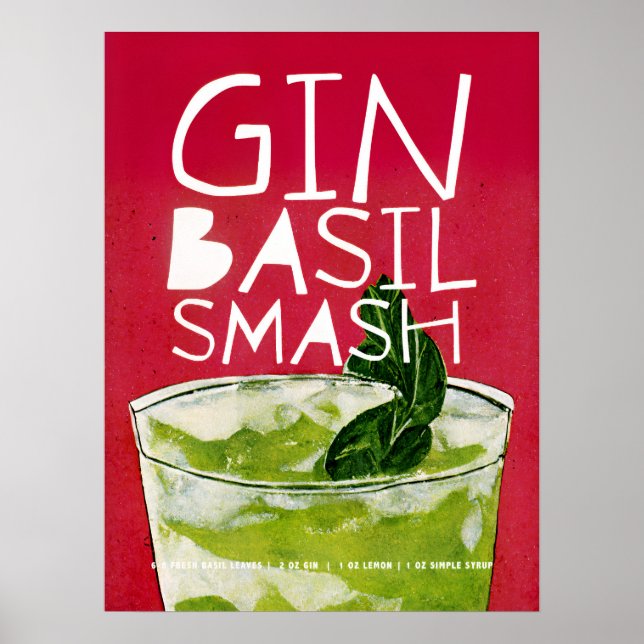 Poster Gin Basil Smash: Uma Arte Vermelha Coquetel Retro (Frente)