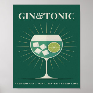 Poster Gin e Tónico Gráfico de Coquetel Retro Verde Escur