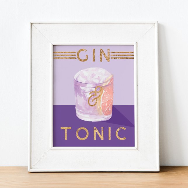 Poster Gin & Tonic Retro Purple Coctail Watercolor (Gin & Tonic Retro Purple Cocktail Watercolor Poster)