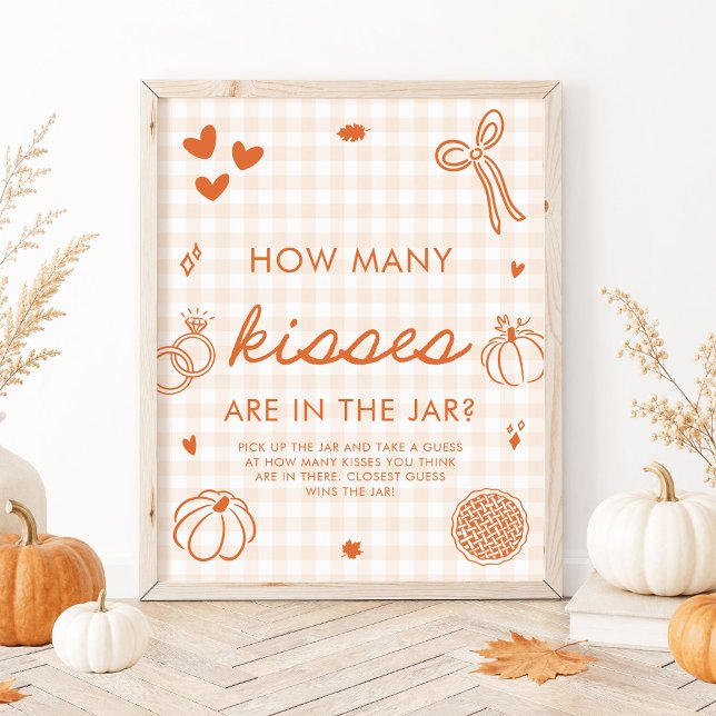 Poster Ginga Laranja Outono Desenhado à Mão Quantos Beijo (Fall Orange Gingham Hand Drawn How Many Kisses Game Sign)