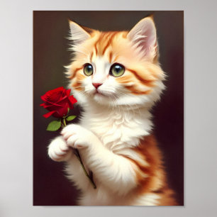 Poster Ginger Cat Bonita segurando uma Rosa vermelha. Pin