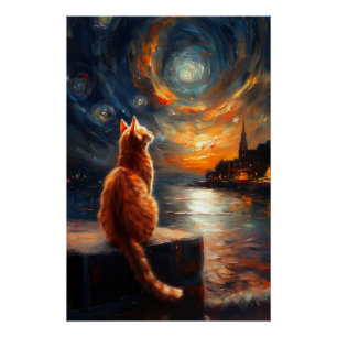 Pôster Ginger Cat Contemplativo   Starry Night Sky