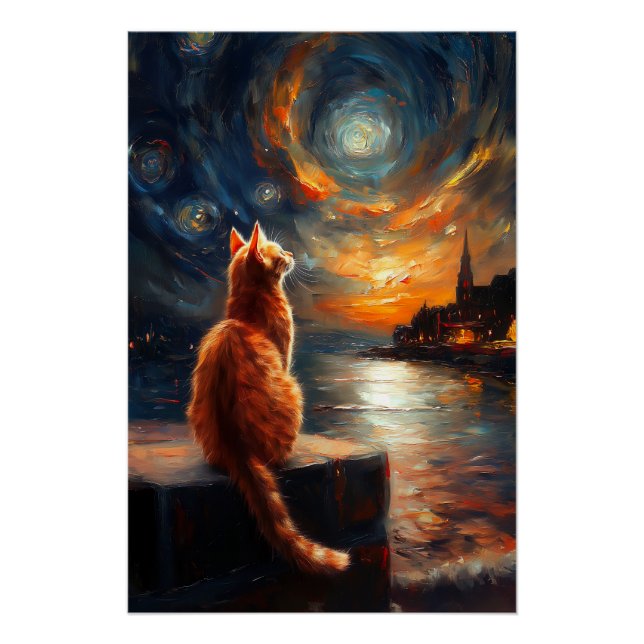 Pôster Ginger Cat Contemplativo | Starry Night Sky (Frente)