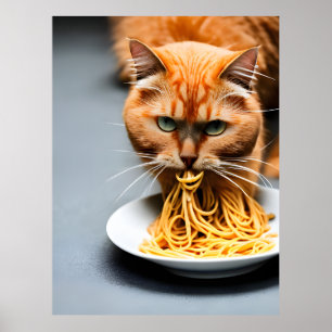 Poster Ginger Cat Eating Spagetti
