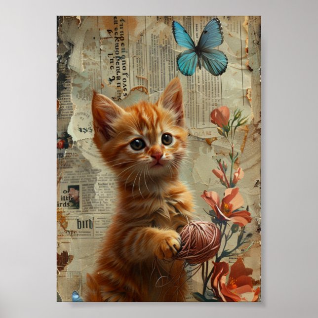 Poster Ginger Kitten Adorável Com Borboleta Azul De Fios (Frente)