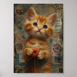 Poster Ginger Kitten Adorável com Colagem de Fios