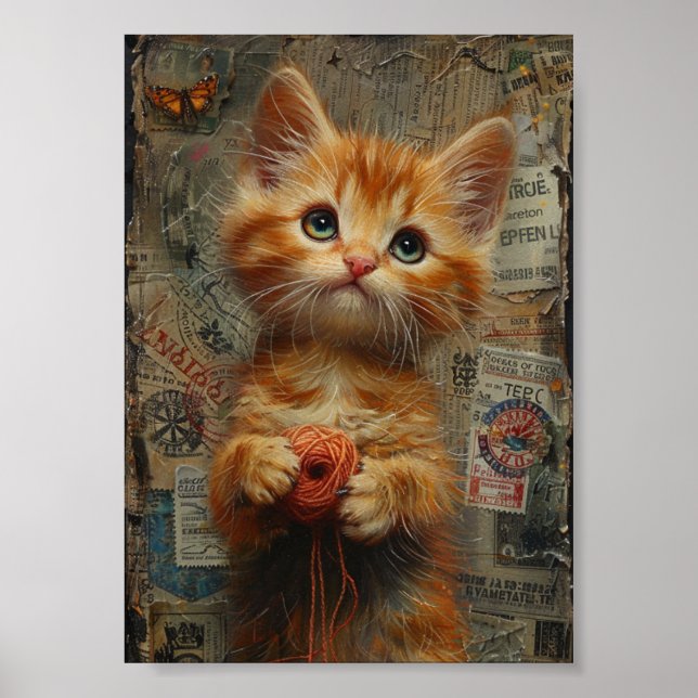 Poster Ginger Kitten Adorável com Colagem de Fios (Frente)