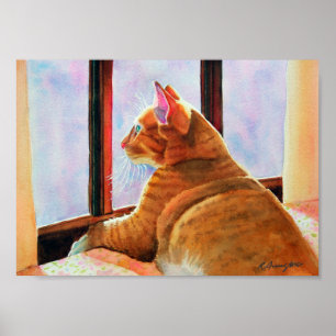 Poster Ginger Tabby sobre Floral Tablecloth