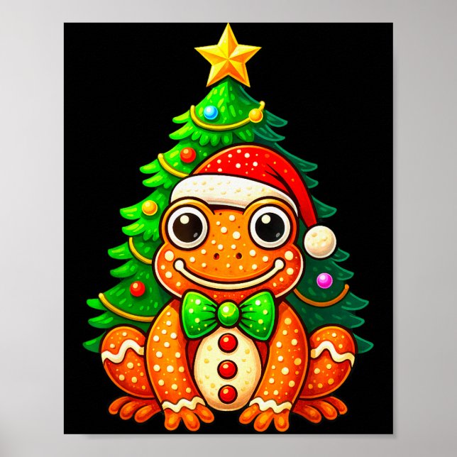 Poster Gingerbread Frog Wearing Santa Hat Christmas Tree  (Frente)