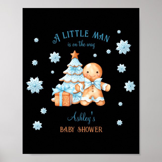 Poster Gingerbread Man Boy Blue Christmas Baby Shower  (Frente)