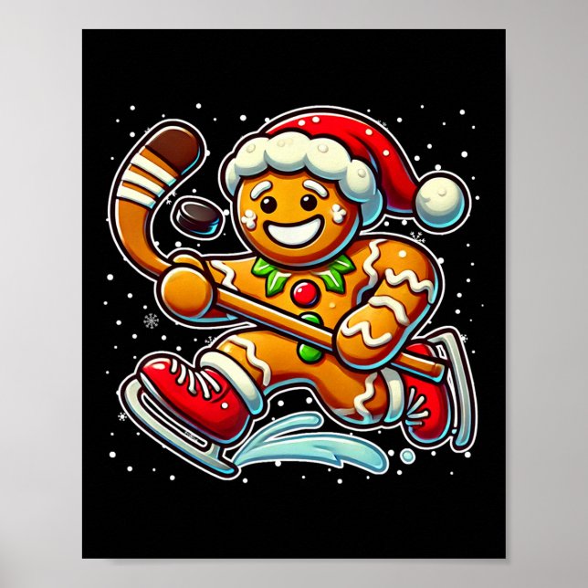 Poster Gingerbread Man Ice Hockey Funny Christmas Santa S (Frente)