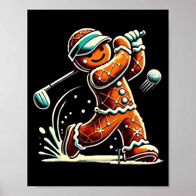 Poster Gingerbread Playing Golf Ball Christmas Golf Lover (Frente)