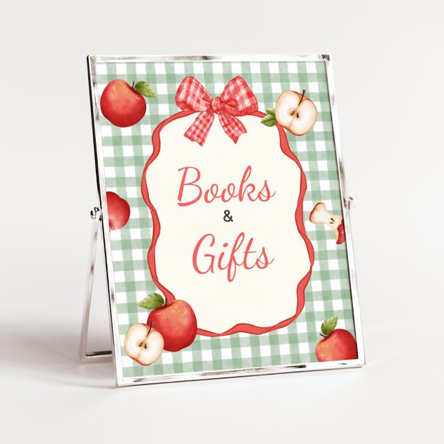 Poster Gingham Apple de nossos livros e sinais de present (Gingham Apple of our Eye Baby Books and Gifts Sign)