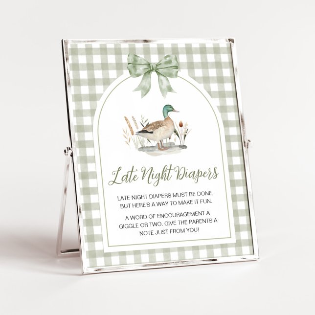 Poster Gingham Mallard Duck Bebê Tarde Fralda Noite (Sage Green Gingham Mallard Duck Hunting Country Baby Shower Sign)