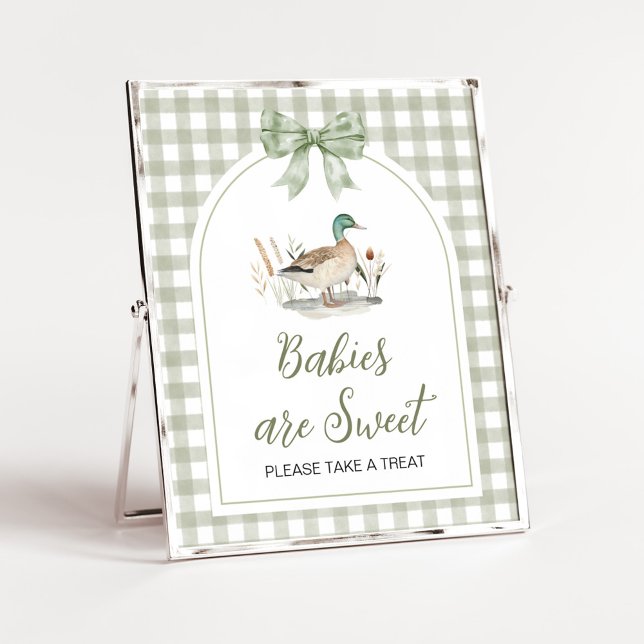 Poster Gingham Mallard Duck Bebês são Sinal Doce (Sage Green Gingham Mallard Duck Hunting Country Baby Shower Sign)