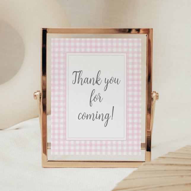 Poster Gingham Rosa Clássico Obrigado por vir (Girl Gingham Baby Shower Thank you for Coming Sign)