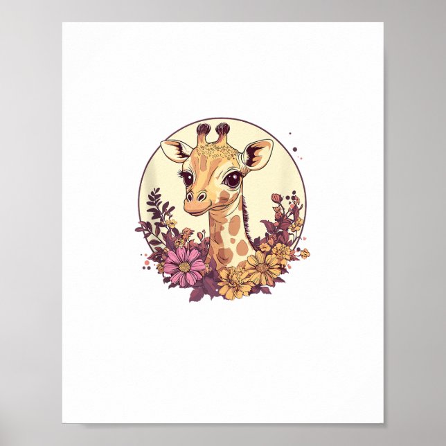 Poster Girafa Adorável Cercada por Flores _7 (Frente)