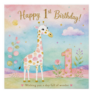 Pôster Girafa Caprichosa Primeiro Aniversário Maravilha