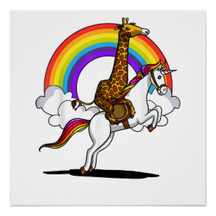 Pôster Girafa Cavalgando Unicórnio Magico Arco-Íris Menin