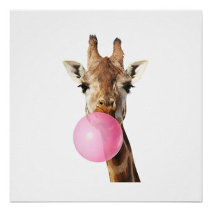 Pôster Girafa Chiclete Rosa Bolha Fofa Amante de Animais