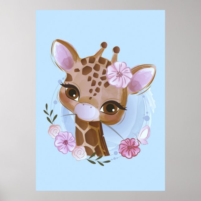 Poster Girafa De Bebê Bonita E Moçuda Com Flor (Frente)