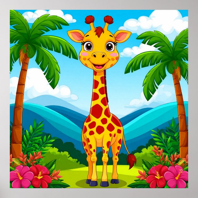 Poster Girafa de Bons Cartoons em Paisagem Tropical (Frente)