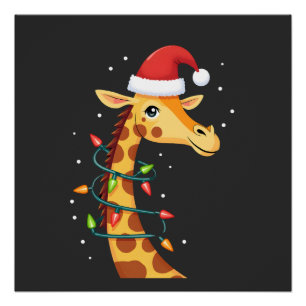 Pôster Girafa de Natal Chapéu do Papai Noel Luzes Girafa