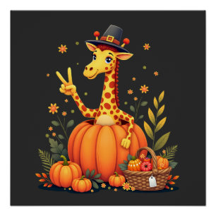 Pôster Girafa do Outono de Abóbora do Dia de Ação de Graç