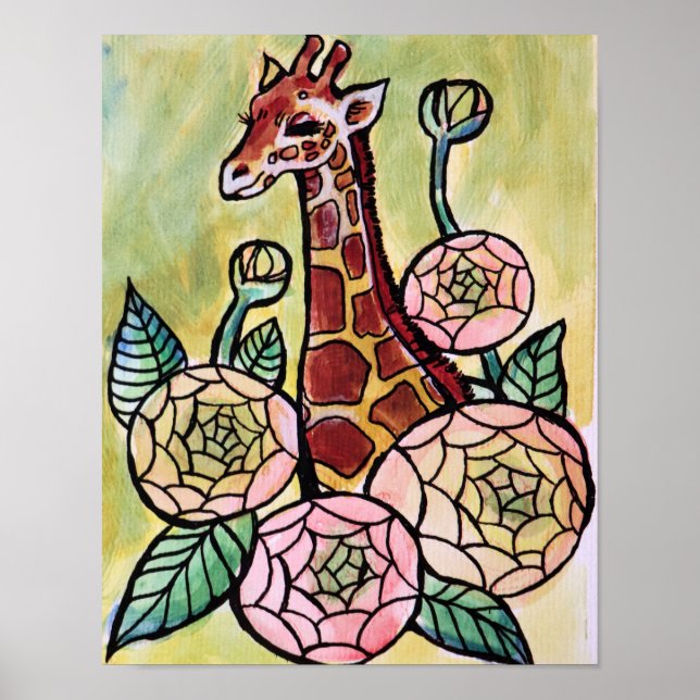 Poster Girafa e flores Girafas ilustram floral (Frente)