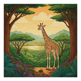 Pôster Girafa em pé em um ambiente selvagem