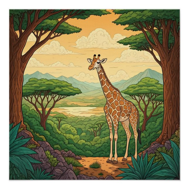 Pôster Girafa em pé em um ambiente selvagem (Frente)