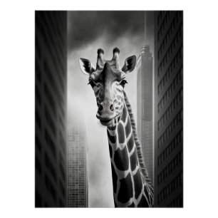 Pôster Girafa em uma paisagem urbana