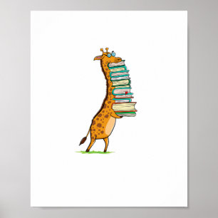 Poster Girafa Engraçada Leitura de Livros Eu Amo Minha Bi