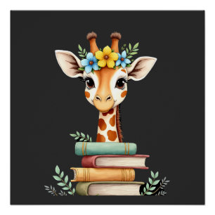 Pôster Girafa Fofa Com Livro Floral Amante De Livros Bibl