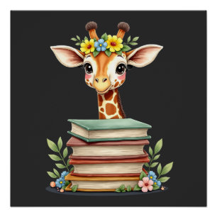 Pôster Girafa Fofa Com Livro Floral Bibliófilo Bibliotecá