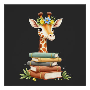 Pôster Girafa Fofa Com Livro Floral Bibliófilo Bibliotecá