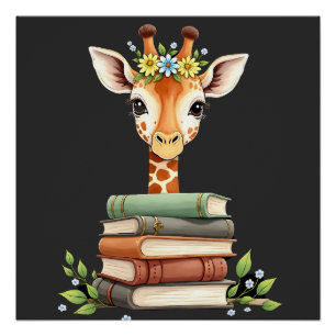 Pôster Girafa Fofa Com Livro Floral Bibliófilo Bibliotecá