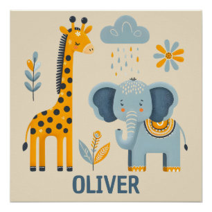 Pôster Girafa Fofa e Amigos de Safari de Elefante