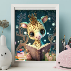 Poster Girafa Fofa lendo um livro Arte Berçário
