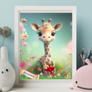 Poster Girafa Fofa no Jardim Arte Personalizada para Berç