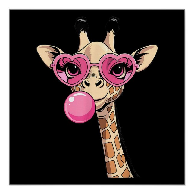 Pôster Girafa Fofa Soprando Chiclete Rosa Óculos de Sol (Frente)