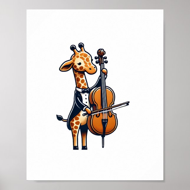 Poster Girafa Fofa Tocando Violoncelo Girafas Músico Músi (Frente)