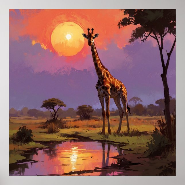 Poster Girafa Majestosa em Selvagem durante Pintura Sunse (Frente)