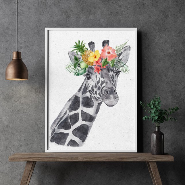 Poster Girafa Preta e Branca de Coroa de Flores Animal (Criador carregado)
