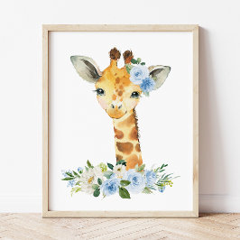 Poster Girafa, Safari, Selva, Flores Azuis, Quarto de Beb