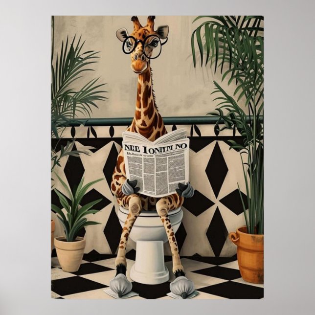 Poster Girafa Usando a Privada – Arte Engraçada de Banhei (Frente)