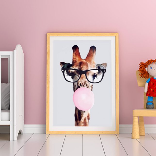 POSTER GIRAFA USANDO ÓCULOS SOPRANDO BUBBLEGUM ROSA (Criador carregado)