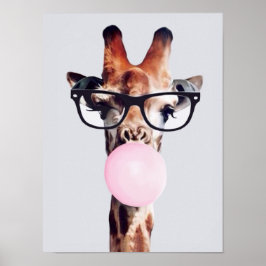 POSTER GIRAFA USANDO ÓCULOS SOPRANDO GOMA DE MASCAR ROSA